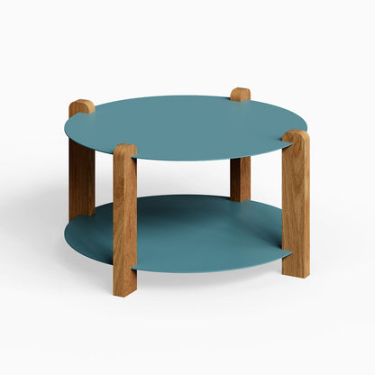 Otis Round Coffee Table featuring solid hardwood legs and painted steel circular shelves in a minimalist functional design for stylish organization.