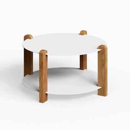 Otis Round Coffee Table with minimalist round white surfaces and sturdy natural wood legs, combining functional design and elegant simplicity.