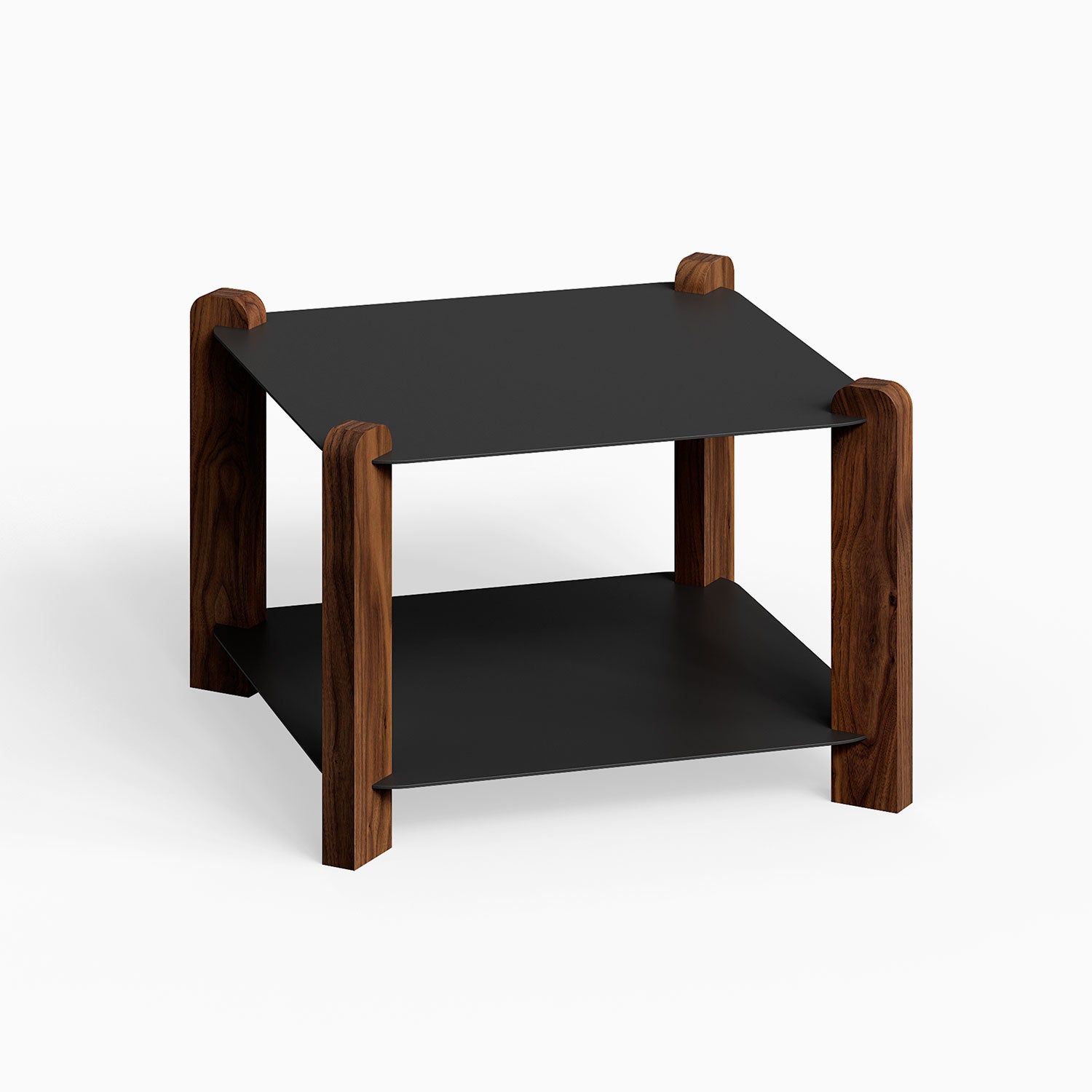 Hugo Square Coffee Table with black metal shelves and solid walnut wood legs, blending minimalist design with durable mixed materials.