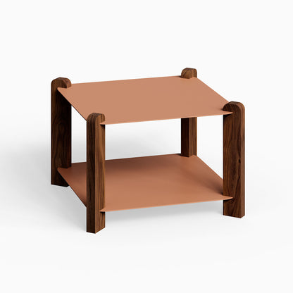 Modern Hugo Square Coffee Table with warm walnut wood legs and flat clay-colored shelves, showcasing a minimalist, functional design for versatile living spaces.