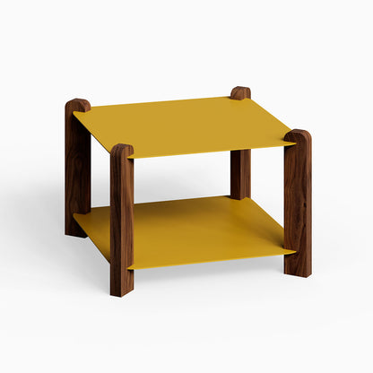 Hugo Square Coffee Table with a minimalist design featuring warm mustard metal shelves and solid hardwood legs for durable, functional style.