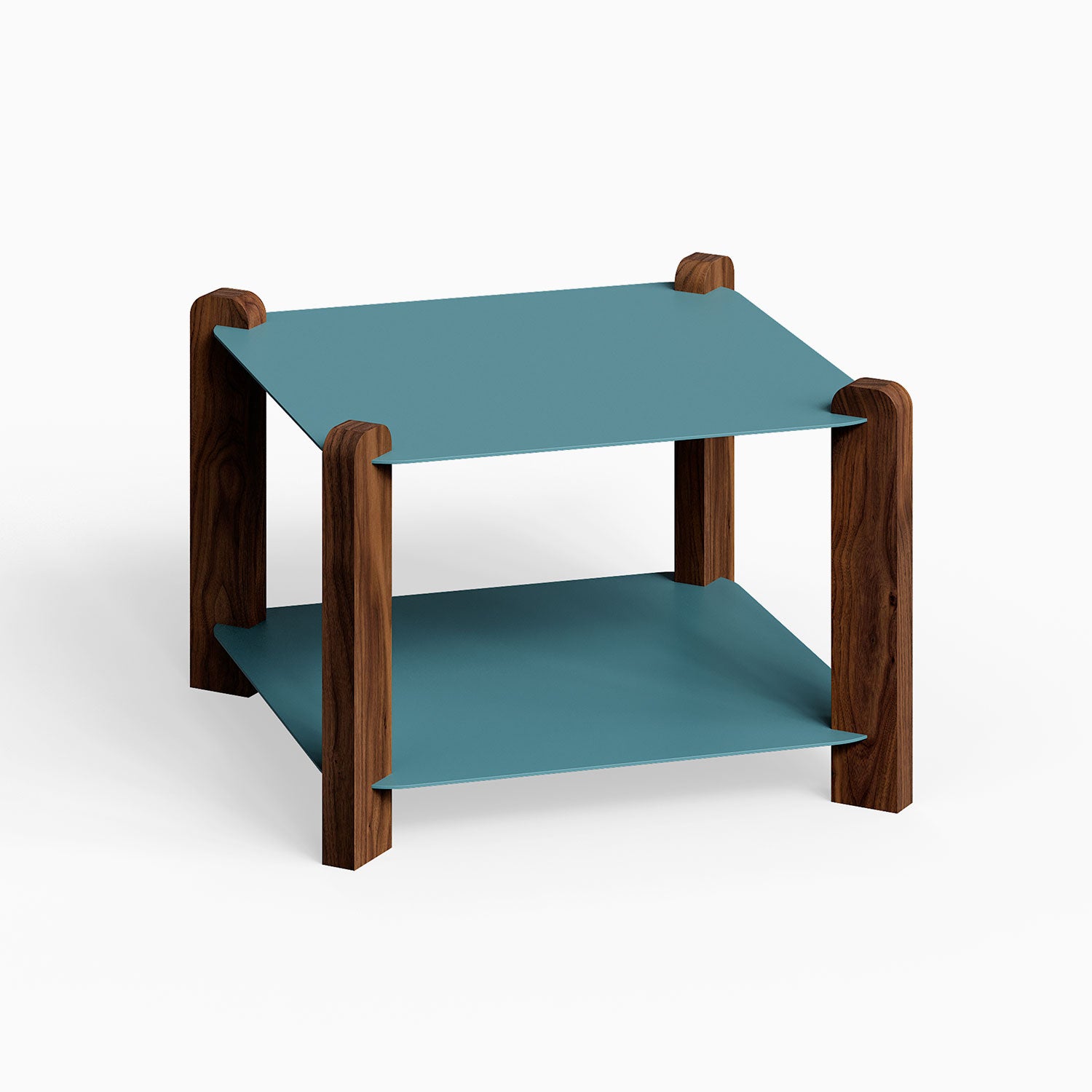 Hugo Square Coffee Table with walnut wood legs and teal metal shelves, showcasing a minimalist mixed-material design by Shelfology.