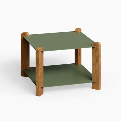 Hugo Square Coffee Table with minimalist design featuring solid hardwood legs and dual olive green metal shelves, perfect for organized living spaces.