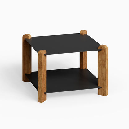 Hugo Square Coffee Table with black metal shelves and solid hardwood legs, combining minimalist design and durable American-made quality.