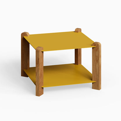Hugo Square Coffee Table with solid hardwood legs and mustard yellow metal shelves, featuring a minimalist and functional design for stylish living spaces.