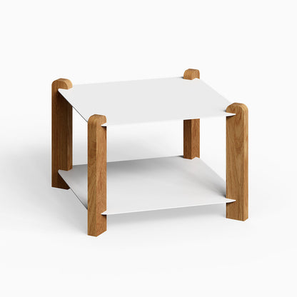 Hugo Square Coffee Table with white metal shelves and solid hardwood legs, showcasing minimalist design for functional living spaces.