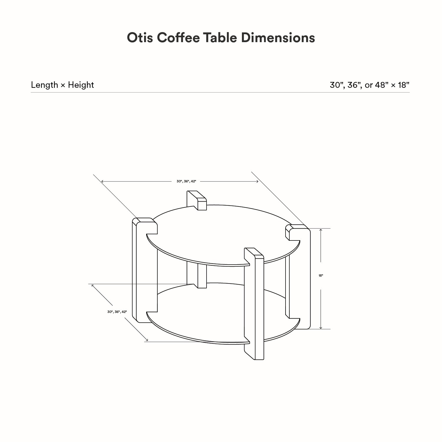 Line drawing showing dimensions of Otis Round Coffee Table with a circular top and bottom shelf supported by four vertical legs, available in 30, 36, or 48 inches diameter and 18 inches height.