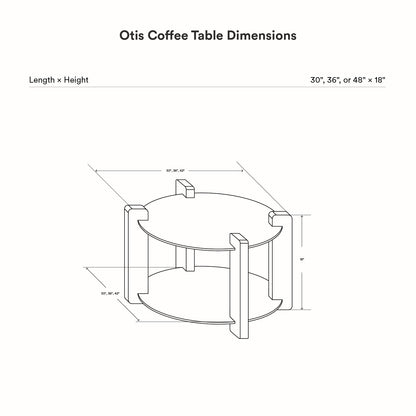 Line drawing showing dimensions of Otis Round Coffee Table with a circular top and bottom shelf supported by four vertical legs, available in 30, 36, or 48 inches diameter and 18 inches height.