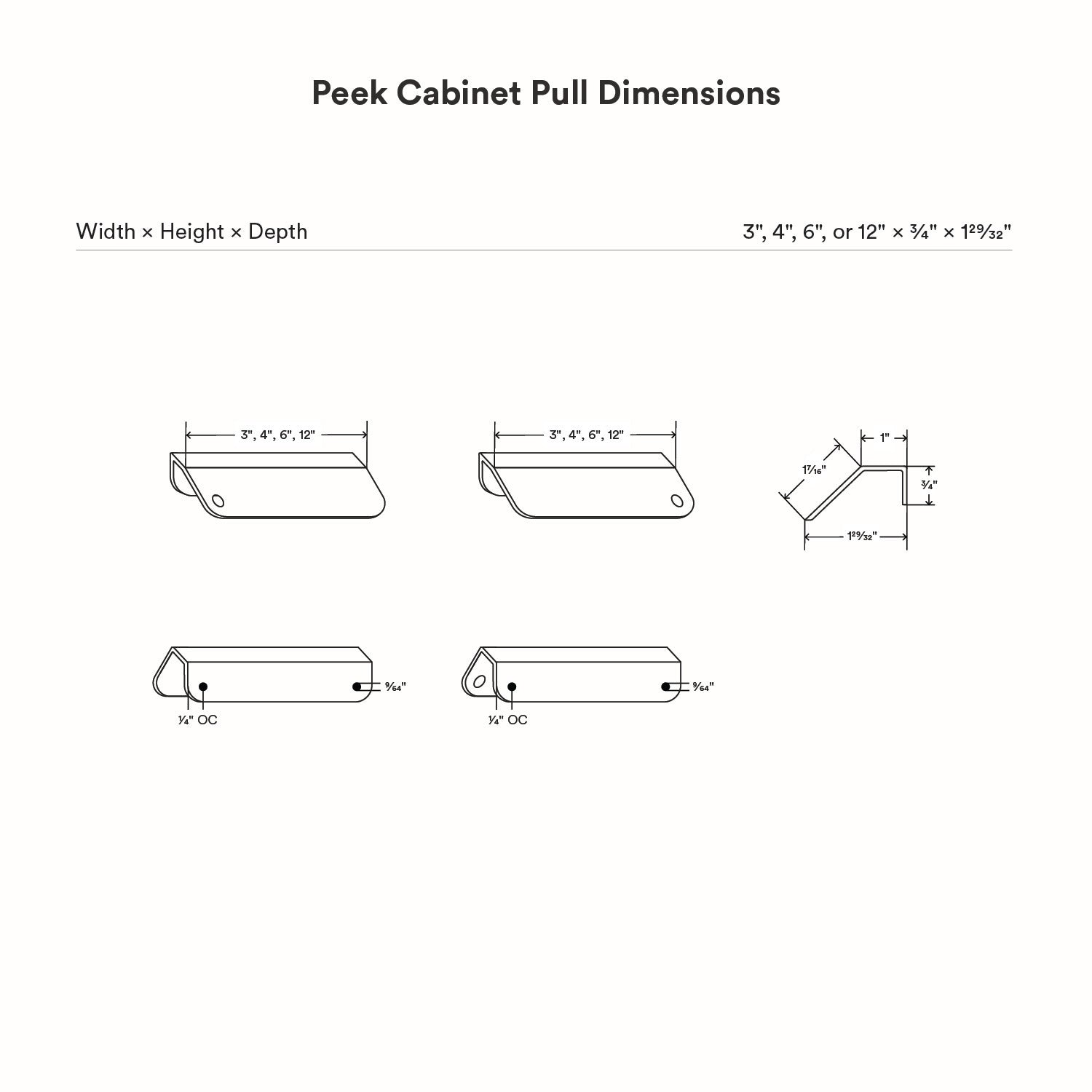 Peek Cabinet Pull technical drawing showing multiple size options and precise dimensions for minimalist hardware design