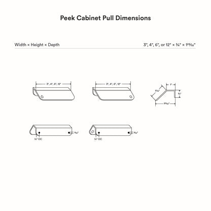 Peek Cabinet Pull technical drawing showing multiple size options and precise dimensions for minimalist hardware design