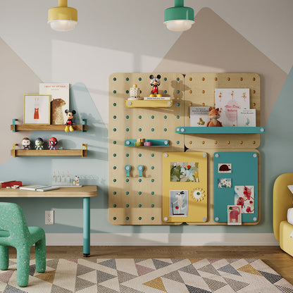 Modern kids’ room featuring the Morgan Room to Grow Pegboard Set with pegboard shelves, hooks, and display ledges in soft wood and colorful accents