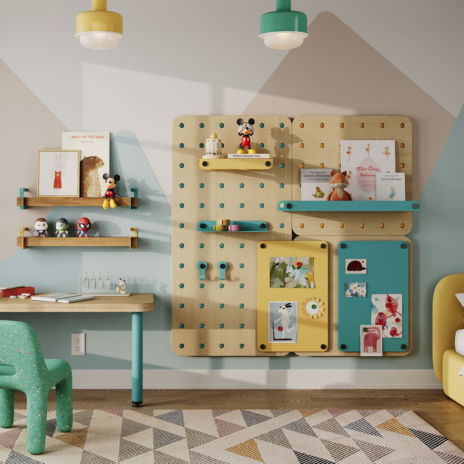 Morgan Magnetic Pegboard Basic Shelf in a kids’ room with colorful wall-mounted shelves and pegs holding toys, books, and art, showcasing functional, American-made wall organization.