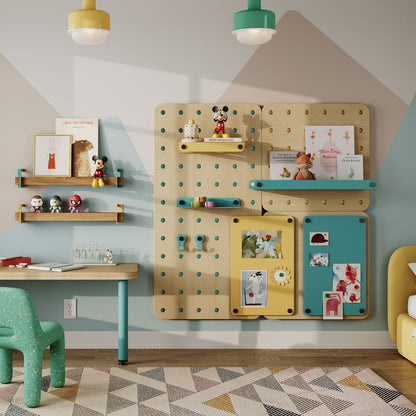 Morgan Magnetic Pegboard Basic Shelf in a kids’ room with colorful wall-mounted shelves and pegs holding toys, books, and art, showcasing functional, American-made wall organization.