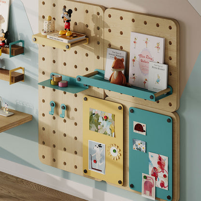 Morgan Magnet Board with light wood pegboard panels featuring colorful shelves, hooks, and magnetic boards displaying children's books and toys in a kids' room.