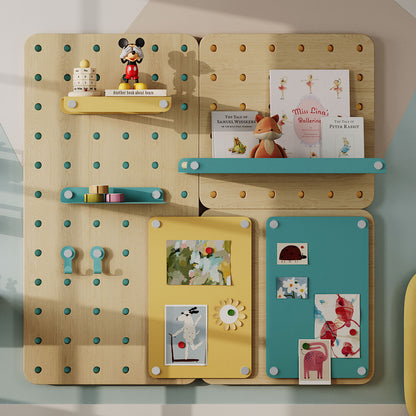 Morgan Busy Bee Pegboard Set featuring wood and steel construction with shelves, hooks, and display ledges organizing books, toys, and artwork.