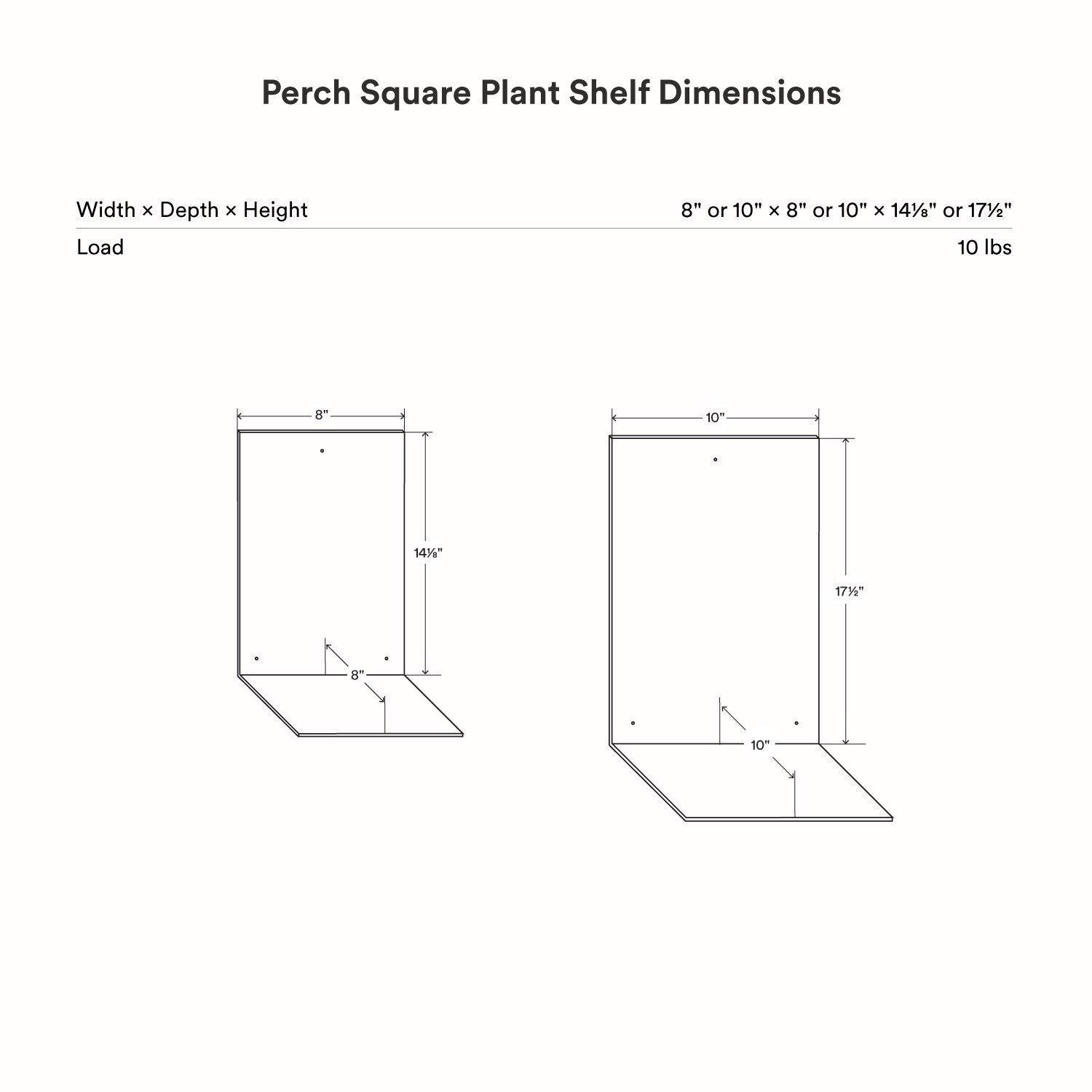 Perch Square Plant Shelf technical drawing showing dimensional options for narrow and wider wall-mounted display ledges