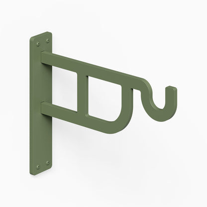 Petal Outdoor Planter Hook in green metal with wall mount plate and curved hook for hanging an outdoor planter