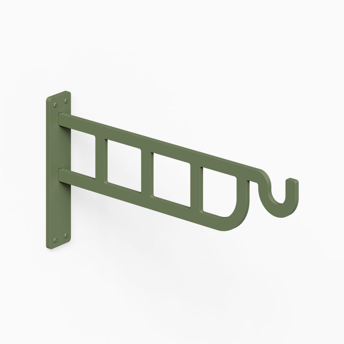 Petal Outdoor Planter Hook in olive green metal with wall mounting plate and curved hook for hanging an outdoor planter
