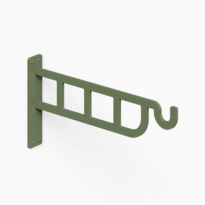 Petal Outdoor Planter Hook in olive green metal with wall mounting plate and curved hook for hanging an outdoor planter