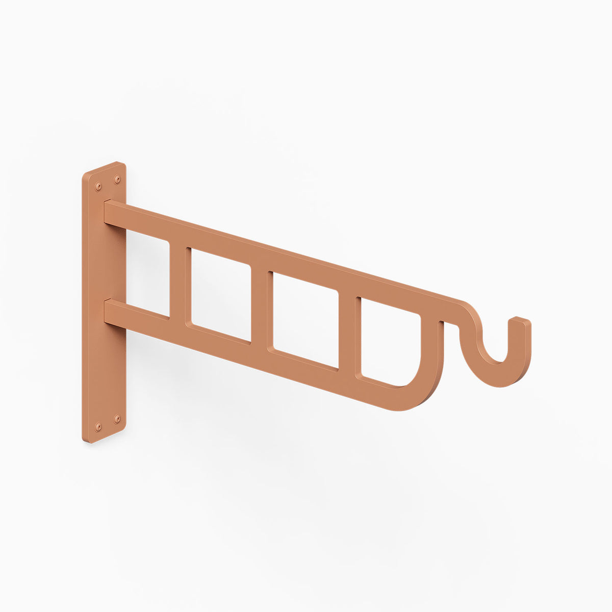 Petal Outdoor Planter Hook in copper toned metal with a wall mounted plate and curved hook for hanging outdoor planters