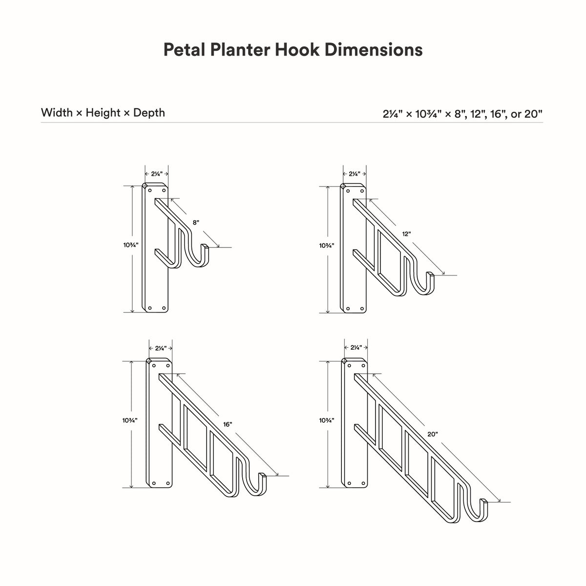 Petal Outdoor Planter Hook dimension diagram showing four wall mounted hook designs for outdoor planter display and organization