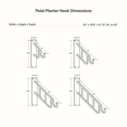 Petal Outdoor Planter Hook dimension diagram showing four wall mounted hook designs for outdoor planter display and organization