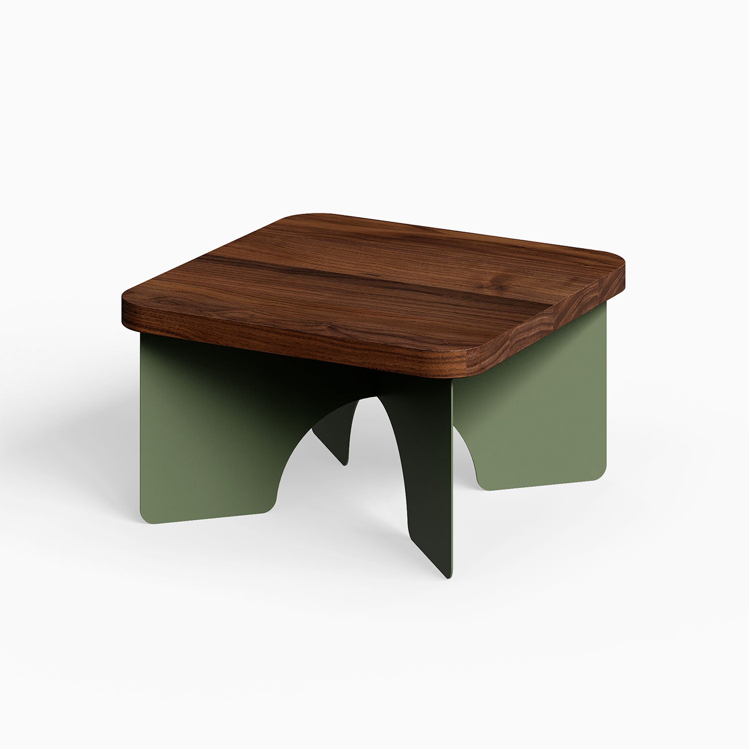 Ledger Coffee Table featuring a solid hardwood top with sleek green steel legs, combining minimalist design and durable mixed materials.
