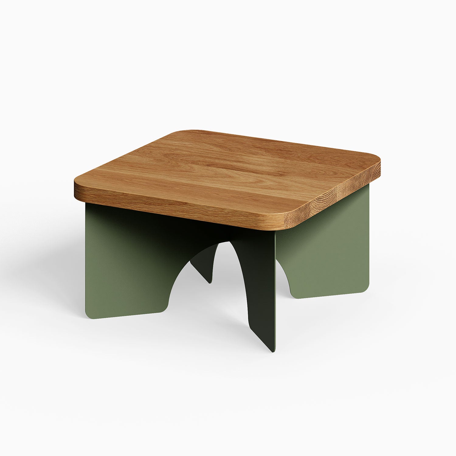 Ledger Coffee Table with a solid hardwood top and army green steel base, combining minimalist design with durable American-made materials.