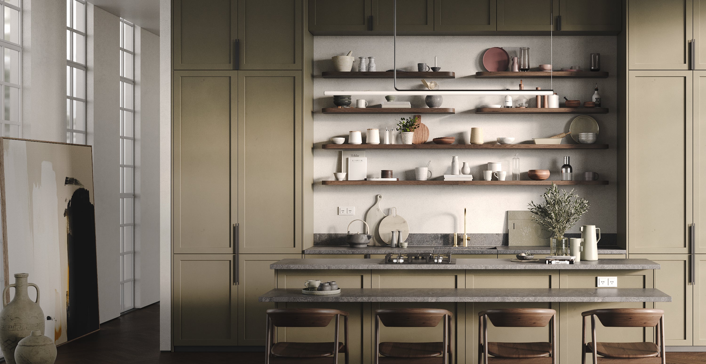 Modern kitchen featuring olive-colored cabinets, a countertop island with stools, and multiple wood floating shelves with decor