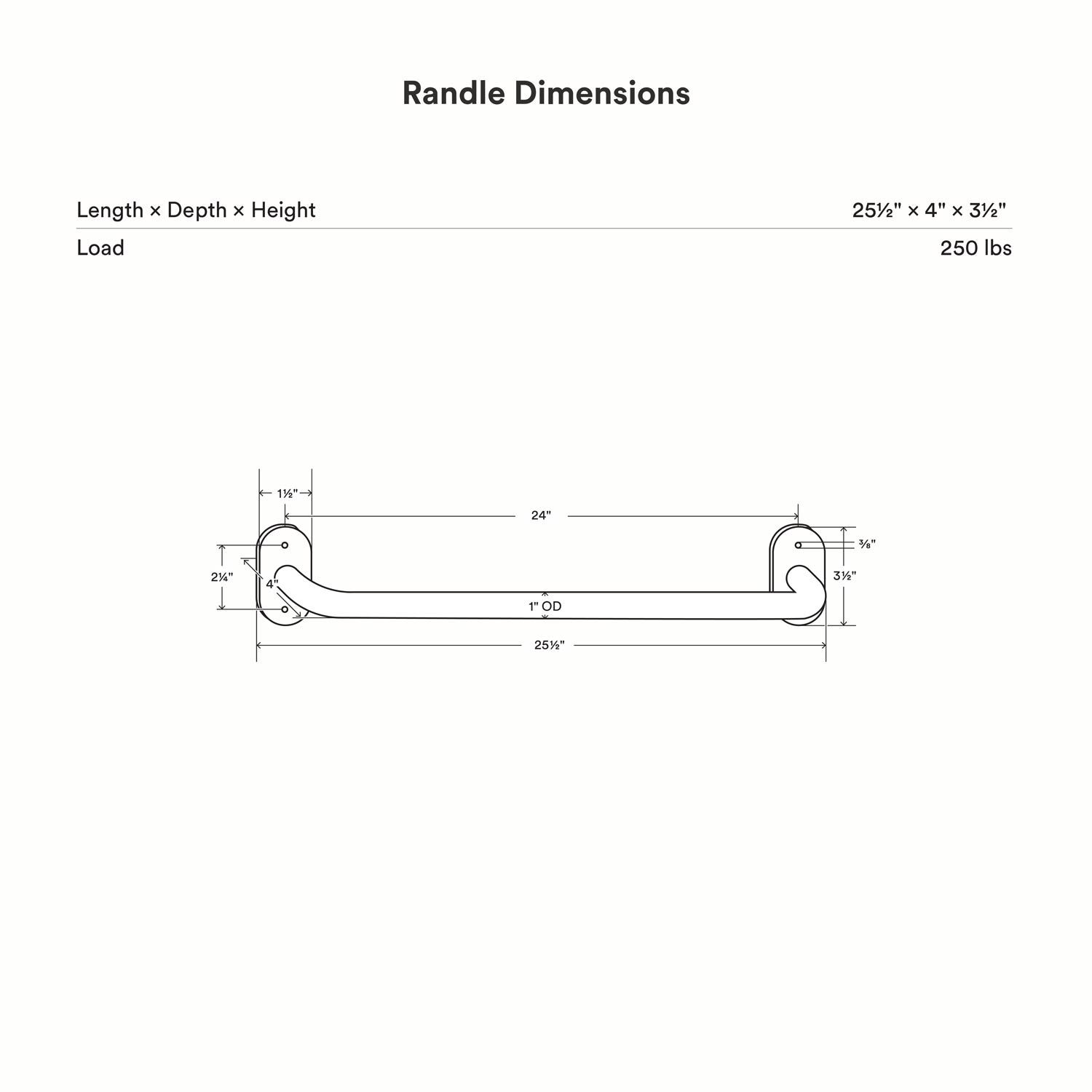 Technical line drawing of the Randle 24" Monkey Bars + Wall Ladder - Bulk Clearance showing overall dimensions, mounting points, and 250-pound load capacity.