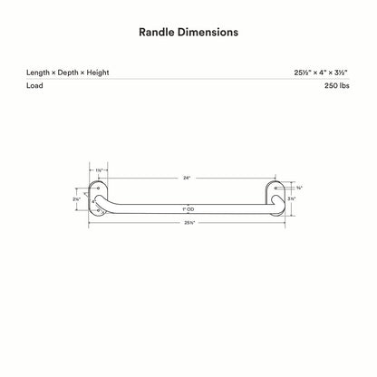 Technical line drawing of the Randle 24" Monkey Bars + Wall Ladder - Bulk Clearance showing overall dimensions, mounting points, and 250-pound load capacity.