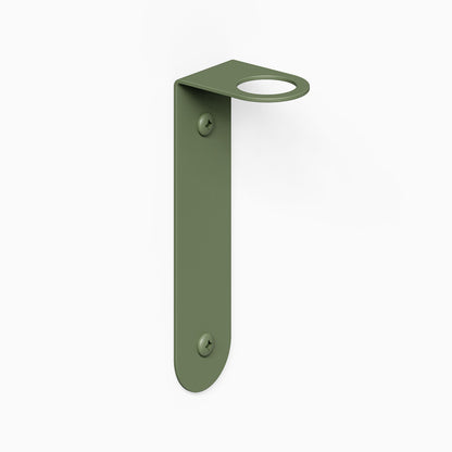 Minimalist olive green metal wall bracket with two screw holes for mounting and a circular cutout at the top for supporting shelves or hanging items.