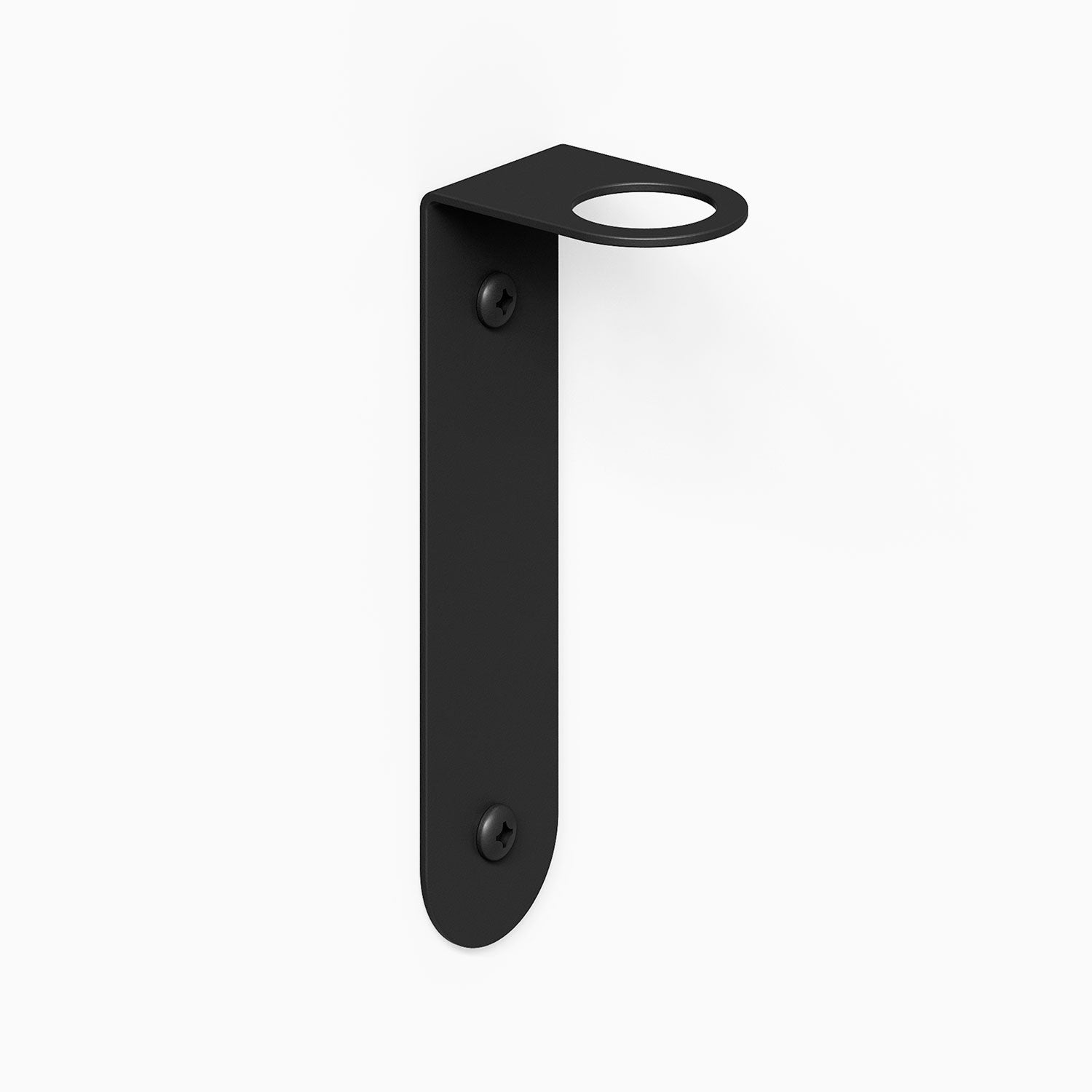 Black metal floating shelf bracket with two screw holes and a circular cutout near the top for securing a shelf or accessory.