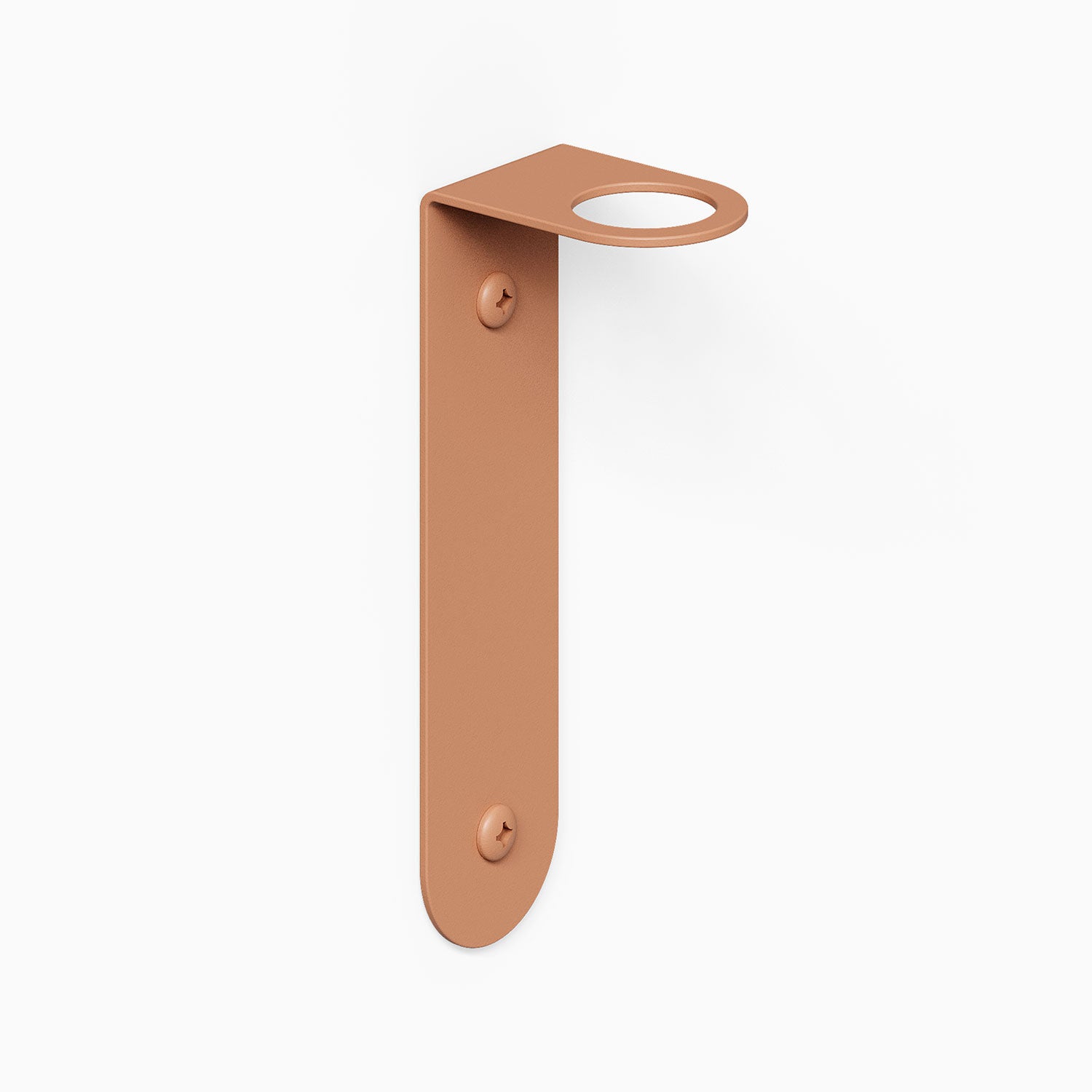 Minimalist single L-shaped wall bracket in matte terracotta finish with two screw holes and a circular cutout for supporting shelves or display ledges.
