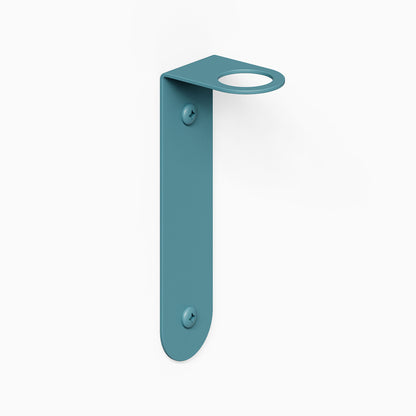 Single teal-colored metal bracket with two screw holes for wall mounting, featuring a circular cutout on the horizontal top section for supporting shelves or accessories.