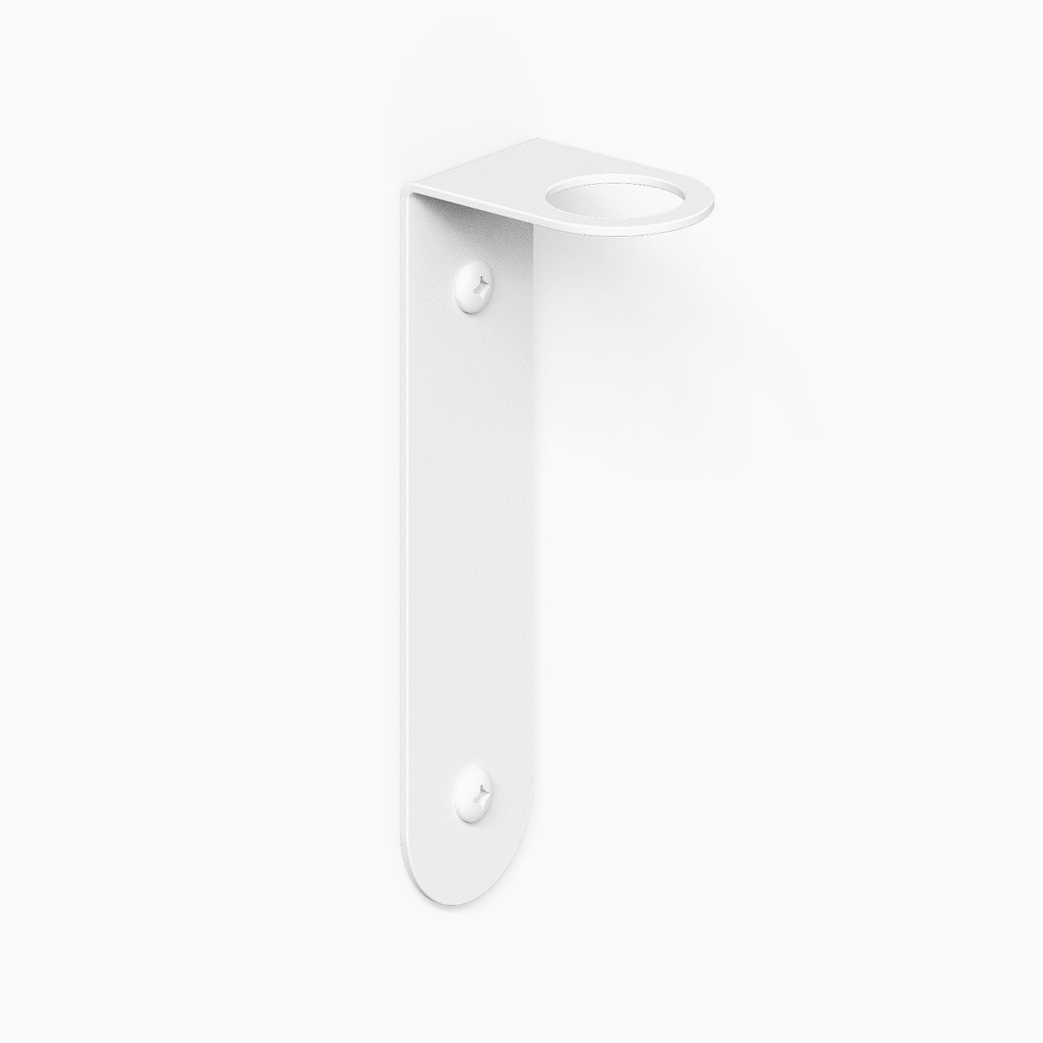Minimalist white metal floating shelf bracket with two screw holes and a circular cutout for secure wall mounting and support.