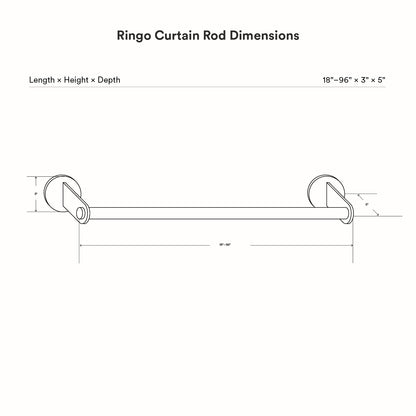 Technical line drawing showing dimensions of the Ringo Curtain Rod Kit with adjustable length from 18 to 96 inches and a simple, minimalist design.