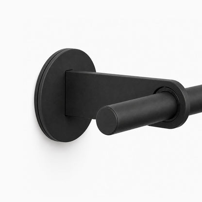 Close-up of a matte black wall-mounted bracket from the Ringo Curtain Rod Kit, showcasing durable rust-resistant steel construction for sleek modern decor.