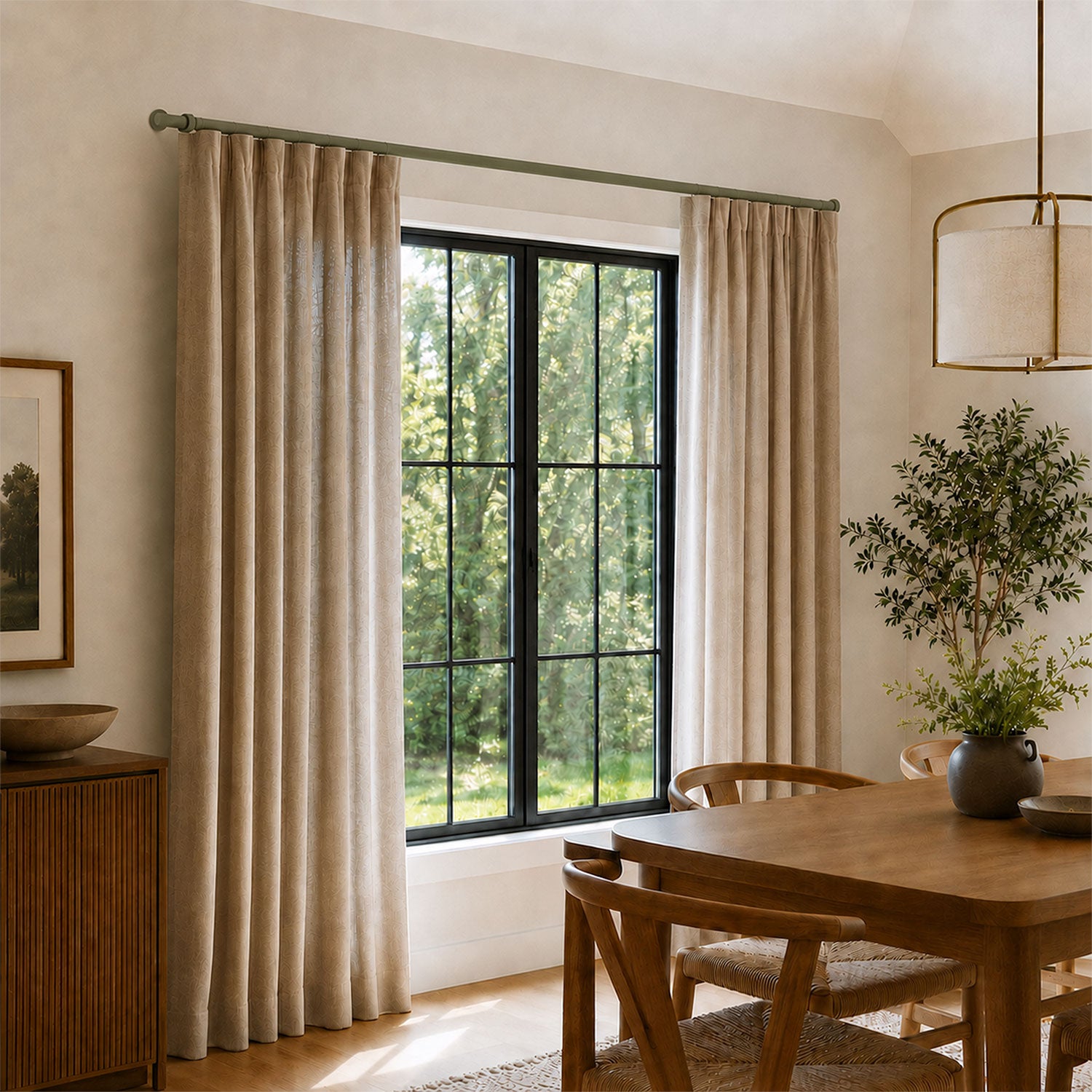 Ringo Curtain Rod Kit installed with beige curtains framing a large window in a minimalist dining room featuring wood furniture, soft natural light.