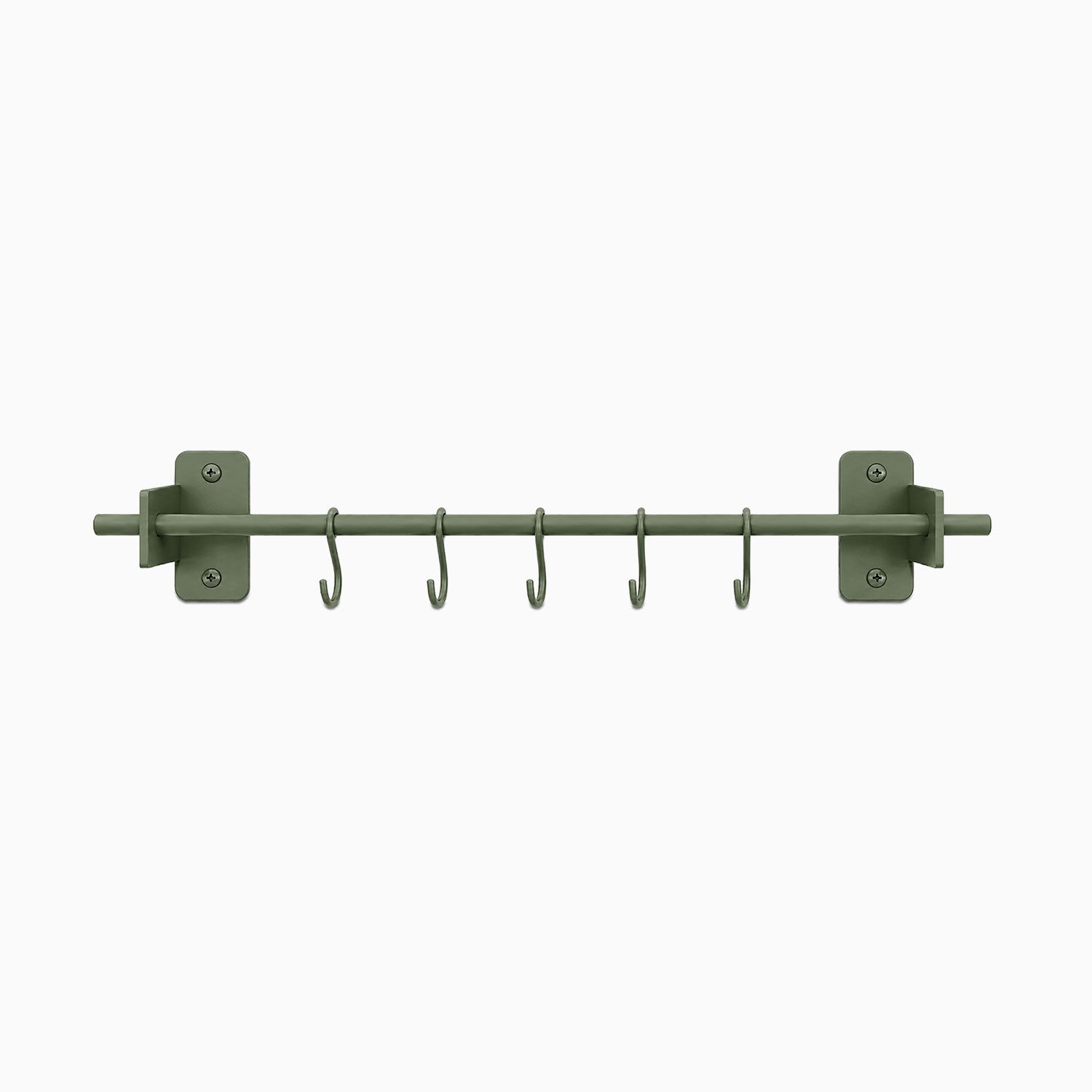 Rue Utensil Rack in muted green with six hooks, durable metal design ideal for organizing kitchen tools or hanging wall accessories.