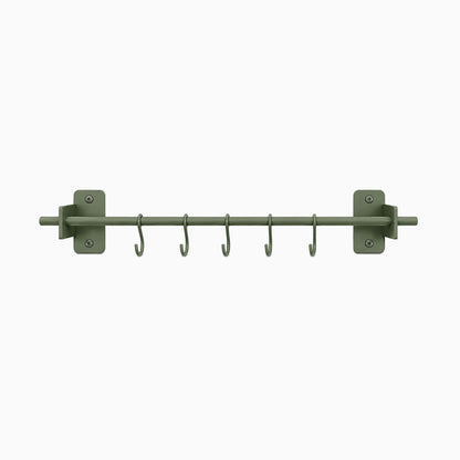Rue Utensil Rack in muted green with six hooks, durable metal design ideal for organizing kitchen tools or hanging wall accessories.