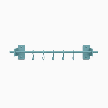 Rue Utensil Rack in steel blue with five hooks, designed to maximize wall space with durable, rust-resistant material for kitchen organization.