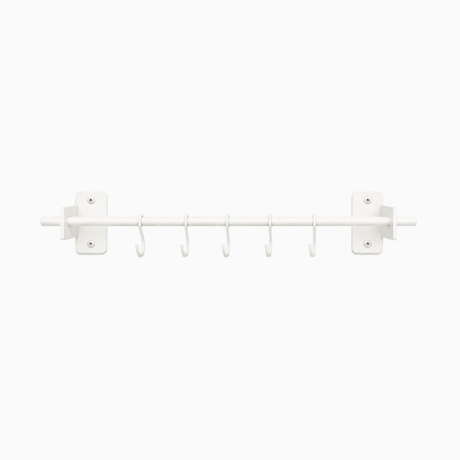 Rue Utensil Rack in white metal with six hooks, designed for minimalist wall organization and durable, functional kitchen storage.