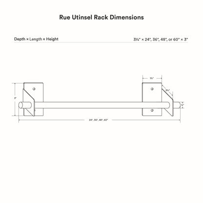 Rue Utensil Rack technical line drawing showing wall mounted rack components and mounting details