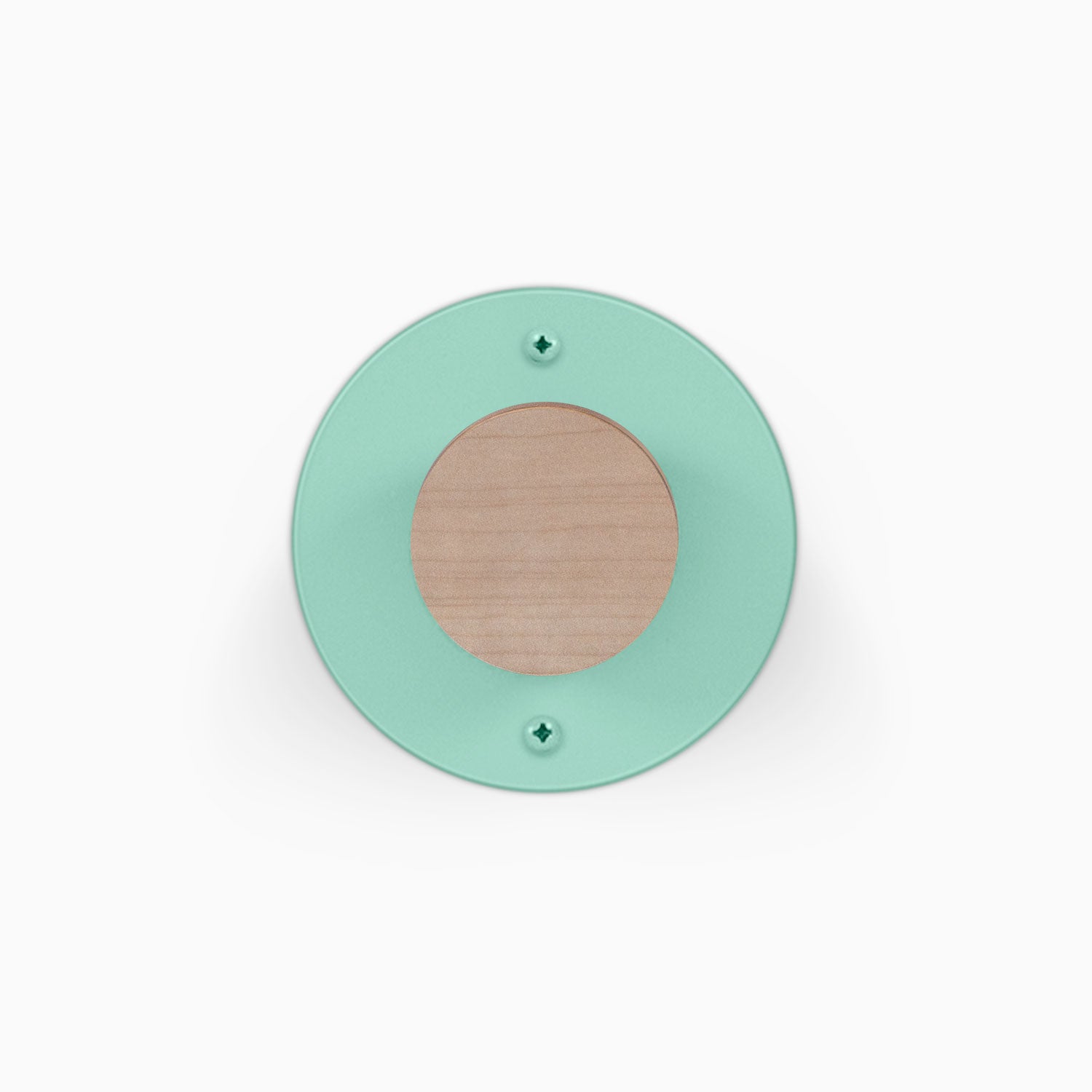Runda Coat Rack 1 in mint green with a round solid wood center and two visible mounting screws for wall organization