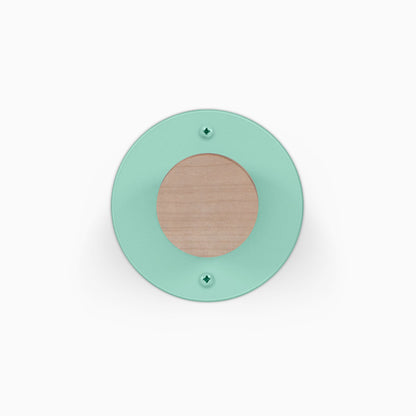 Runda Coat Rack 1 in mint green with a round solid wood center and two visible mounting screws for wall organization