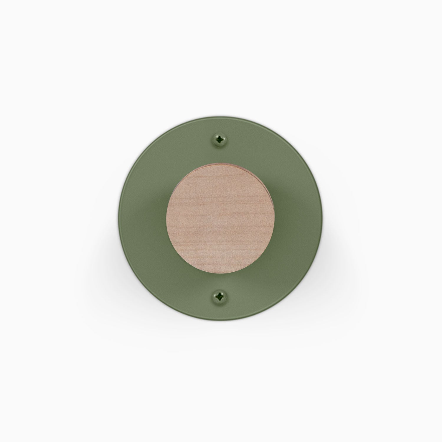 Runda Coat Rack 1 round green wall hook with a natural wood center for minimalist coat and accessory organization