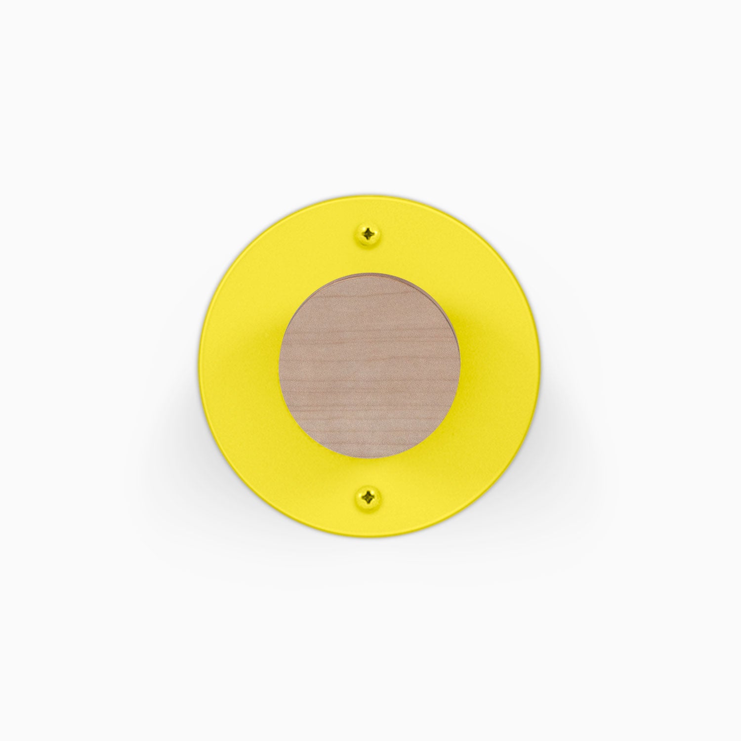 Runda Coat Rack 1 yellow round wall hook with a natural wood center and two visible mounting screws on a white background