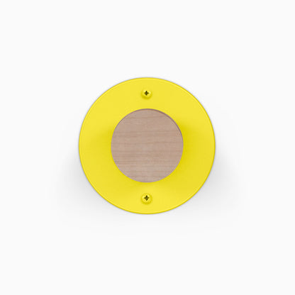 Runda Coat Rack 1 yellow round wall hook with a natural wood center and two visible mounting screws on a white background