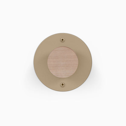 Runda Coat Rack 1 round wood and metal wall hook with visible mounting screws on a white background